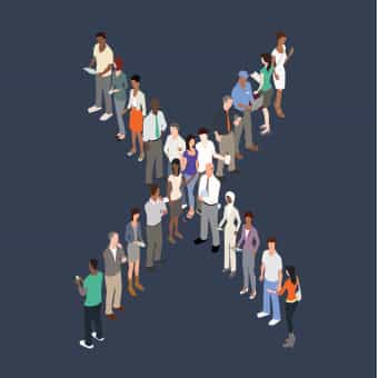illustration where a variety of people are standing in two intersecting lines